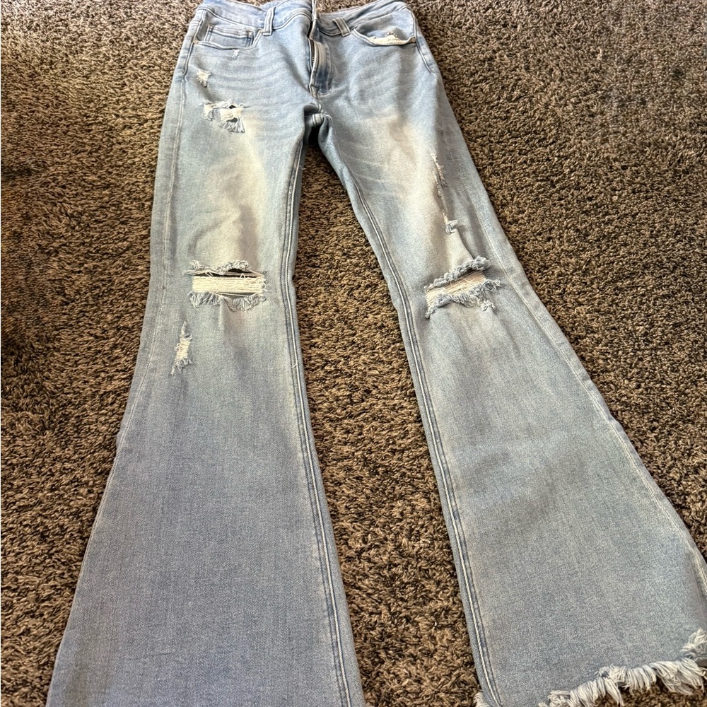 Risen Distressed Light Blue Flare Jeans